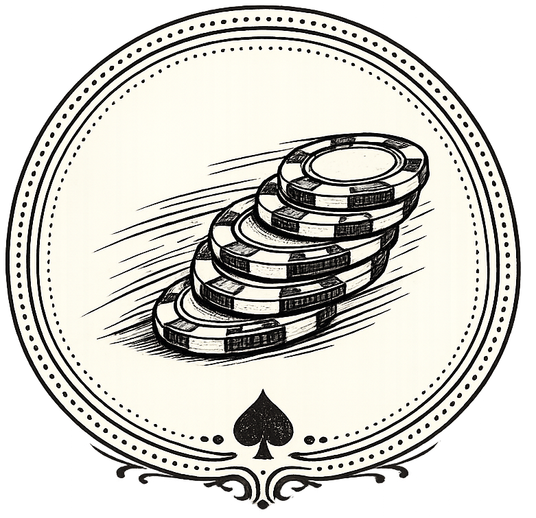 Black and white illustration of stacked playing cards with a spade symbol on a dark background.