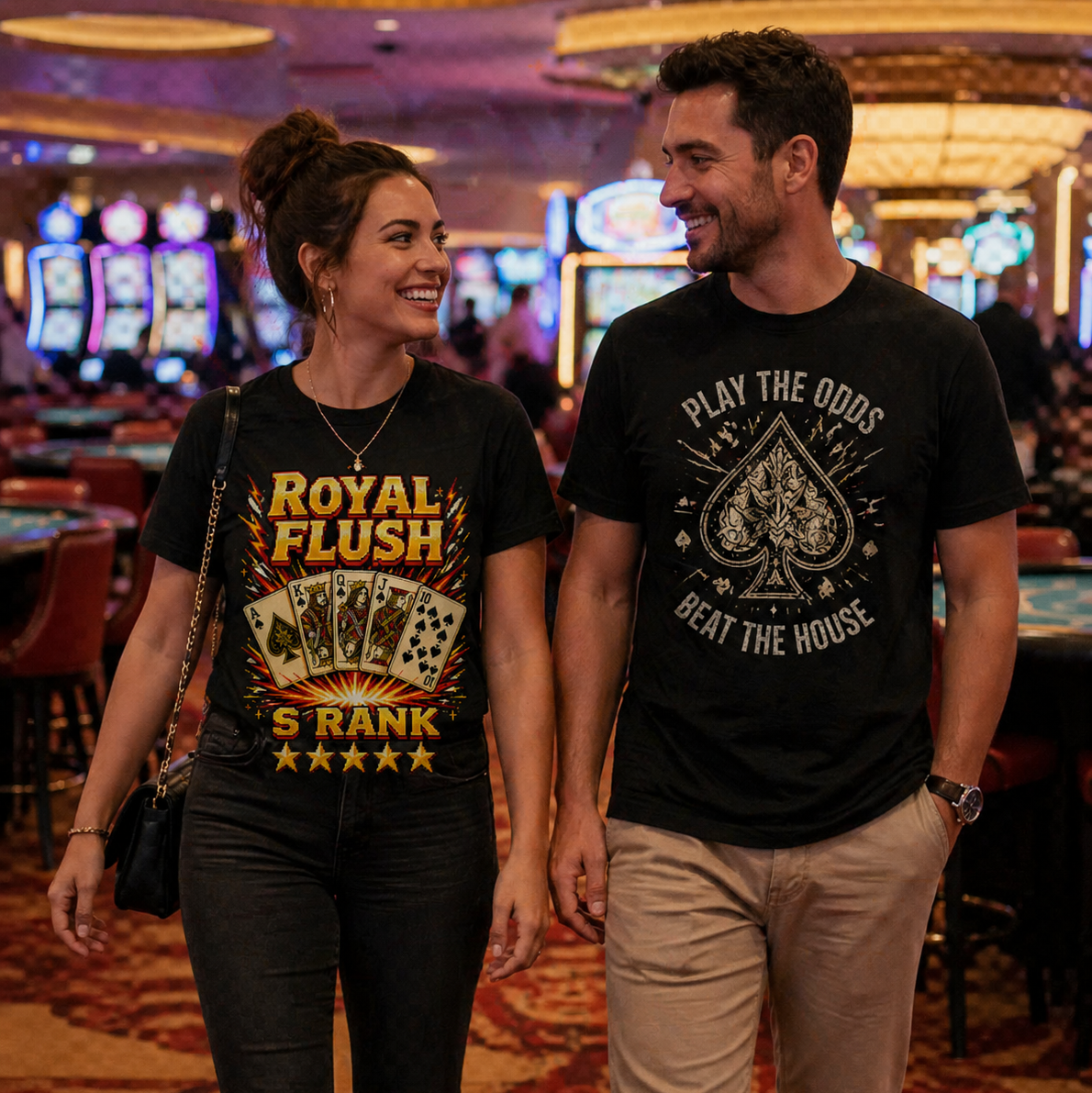 Two people wearing t-shirts with gambling-themed designs in a casino setting.